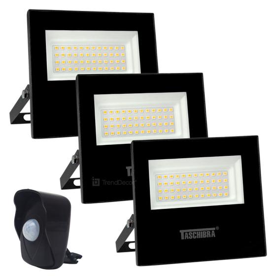 Imagem de Kit 3 Refletores LED Taschibra TR 50 Slim Preto + Sensor de Movimento com Fotocélula Qualitronix QA26M