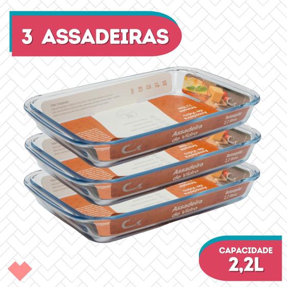 Imagem de Kit 3 Refratário Vidro Retangular 2,2L  Assadeira S/ Tampa