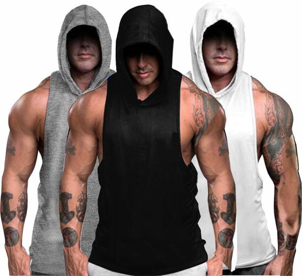 Kit 3 Regata Capuz Cavada LongLine Oversized Casual Treino Greef Menor preço em Kit 3 Regata Capuz Cavada LongLine Oversized Casual Treino Greef