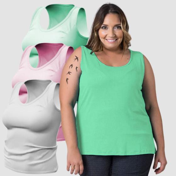 Imagem de Kit 3 Regata de Academia Feminina Plus Size 100% algodão