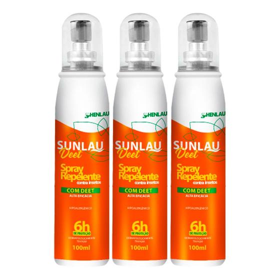 Imagem de Kit 3 Repelente Spray Contra Insetos Dengue 6h Sunlau Deet 100ml Henlau