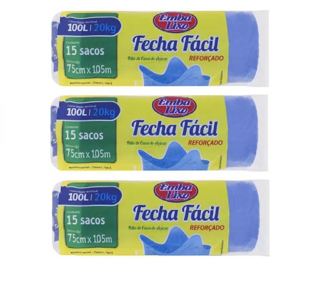Imagem de Kit 3 Rolo Saco Lixo Azul Fecha Fácil Resistente 100 Litros