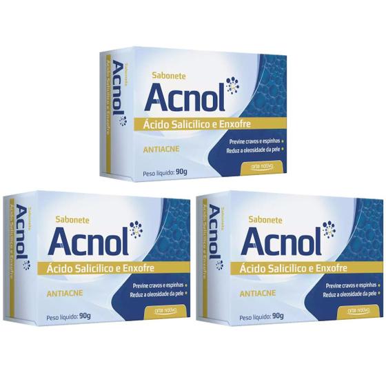 Imagem de Kit 3 Sabonetes Acnol, Antiacne, Cravos e Espinha, Ácido Salicílico e Enxofre em Barra Arte Nativa - 90g cada