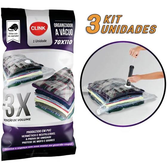 Imagem de Kit 3 Sacos Organizador a Vácuo Grande Para Guardar Edredom Jogo de Lençol Roupas 70x110cm - Clink