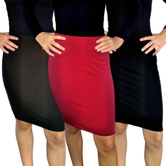 Imagem de Kit 3 Saias Femininas Lápis Moda Evangélica Elástico Lisas Cores Sortidas Suplex PP ao Plus Size