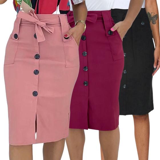 Kit 3 Saias Midi Babado Moda Evangélica Com Botões e Bolsos Menor preço em Kit 3 Saias Midi Babado Moda Evangélica Com Botões e Bolsos