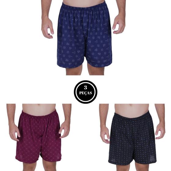 Imagem de Kit 3 Samba Canção Masculino Estampada Short de Dormir - KIT 3 SAMBA CANÇÃO VINHO PRETO MARINHO