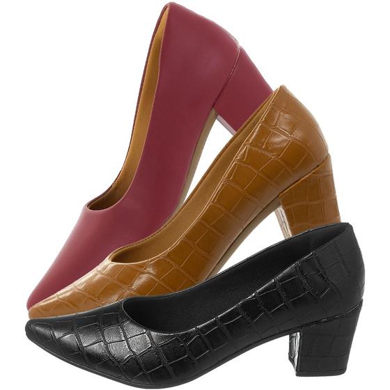 Imagem de Kit 3 Sapatos Scarpin feminino salto grosso Preto, Caramelo, Vermelho