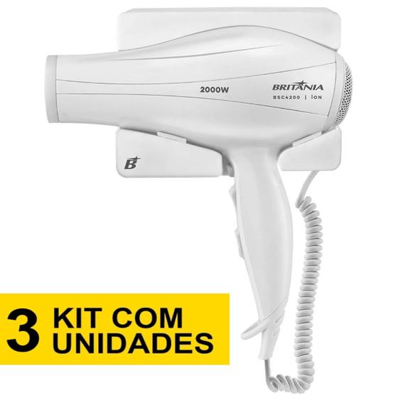 Imagem de kit 3 Secador De Cabelo Britania 2000w Ion Quente Frio Suporte Fixo Parede Banheiro Hotel Motel Pousada Academia Antifurto