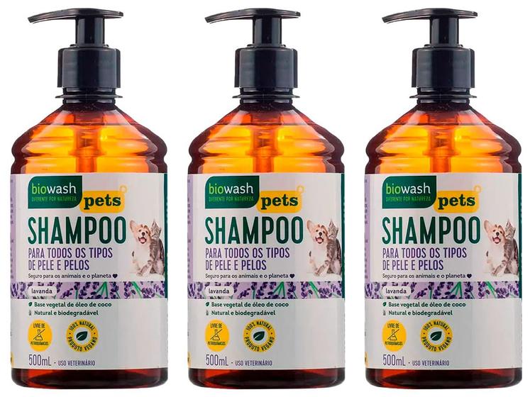 Kit 3 Shampoo Cachorro e Gato Biodegradável Biowash 500ml Shampoo