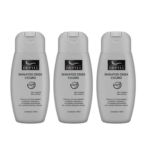 Imagem de Kit 3 Shampoo Cinza Escuro Cabelos Grisalhos Loiros Nupill 120ml