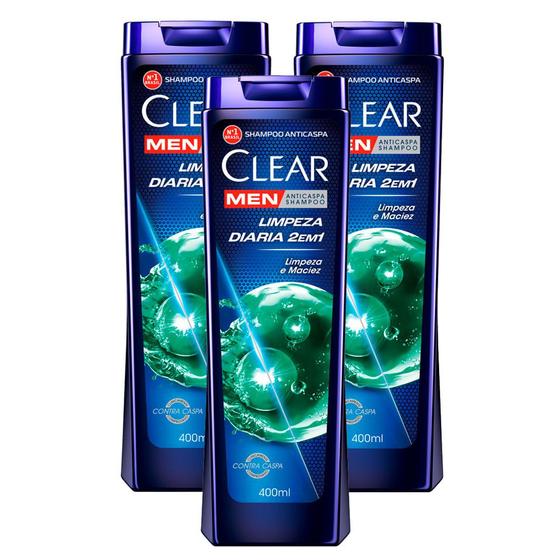 Imagem de Kit 3 Shampoo Clear Men Limpeza Diária 2 em 1 400ml