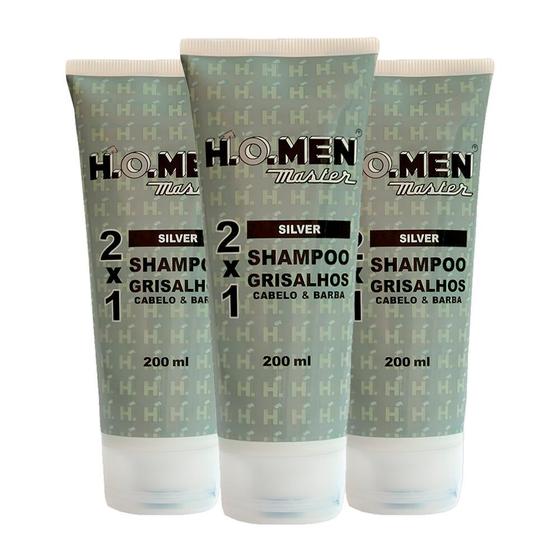 Imagem de Kit 3 Shampoo Masculino 21 Cabelos Grisalhos 200ml Silver Amarelados Barba H.O.Men Master
