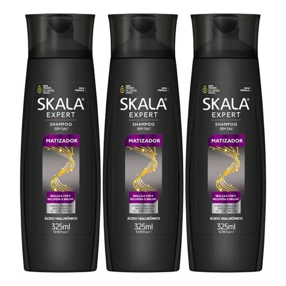 Imagem de Kit 3 Shampoo Matizador Loiros ou Grisalhos Brilho Ácido Hialurônico 325ml Skala