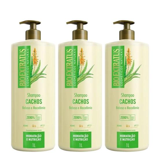 Imagem de Kit 3 Shampoo para Cabelo Cacheado Babosa e Macadâmia Cachos Bio Extratus 1L