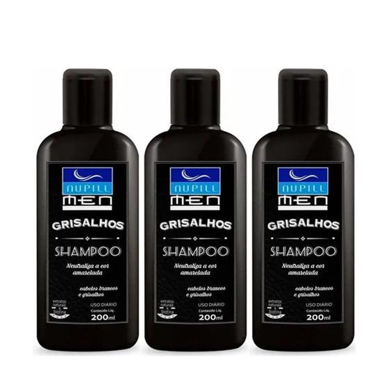 Imagem de Kit 3 Shampoos Masculino Cabelos Brancos e Grisalhos Nautraliza cor Amarelada Nupill 200ml