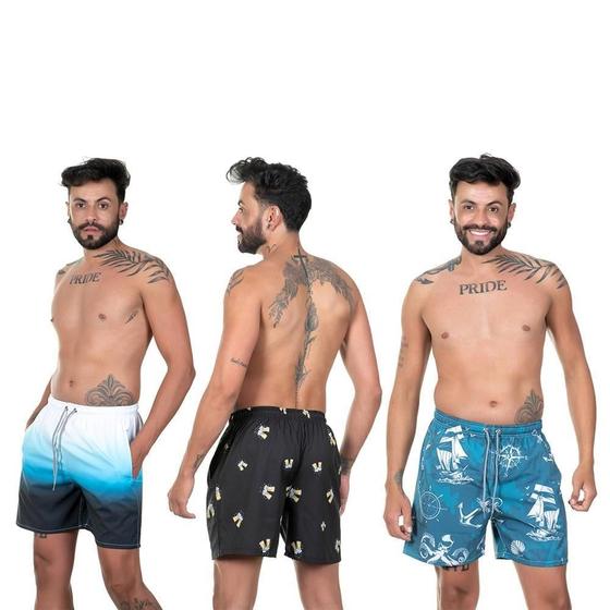 Imagem de Kit 3 Short Masculino Elástico Estampado Moda Leve Verão