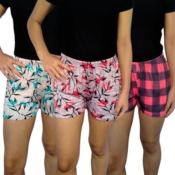 Imagem de Kit 3 Shorts Femininos Curtos Soltinhos Elástico Estampas Sortidas Canelado PP ao Plus Size