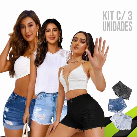Kit 3 Shorts JEANS RASGADOS Bermuda FEMININO Bolsos Casual Elastano Slim 492 - IRON Imagem de Kit 3 Shorts JEANS RASGADOS Bermuda FEMININO Bolsos Casual Elastano Slim 492