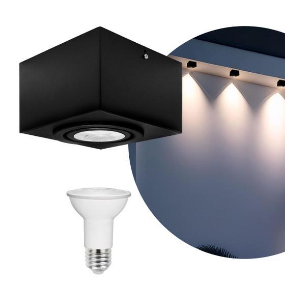 Imagem de Kit 3 Spot Plafon Sobrepor Box Quadrado Par20 Preto + Led 7w Branco Frio