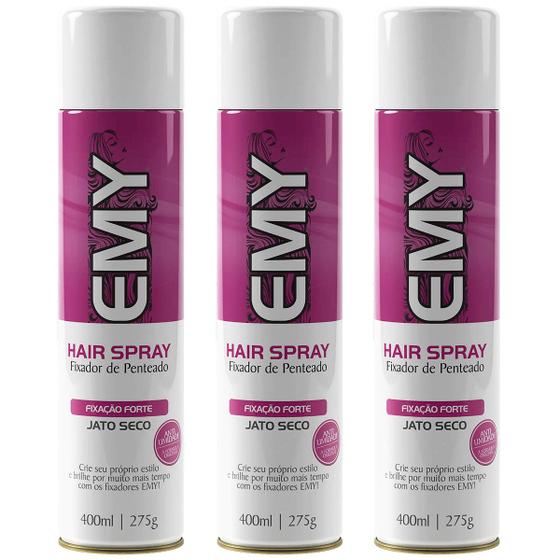 Imagem de  Kit 3 Spray Fixador Forte Penteado Forte Jato Seco Emy 400ml