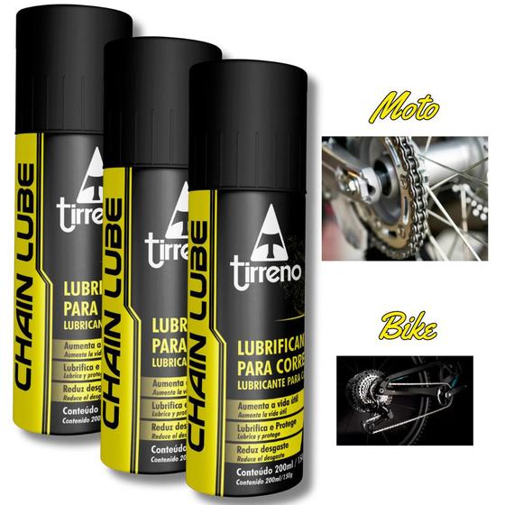 Imagem de Kit 3 Spray Lubrificante Corrente Tirreno Chain Lube 200ml Moto off Road Bicicleta Kart Graxa Seca Spray Repele Poeira