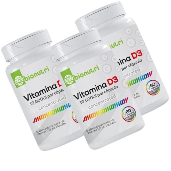 Imagem de Kit 3 Suplemento Alimentar Vitamina D3 60 Cápsulas 500mg 10.000ui Bionutri Fonte D