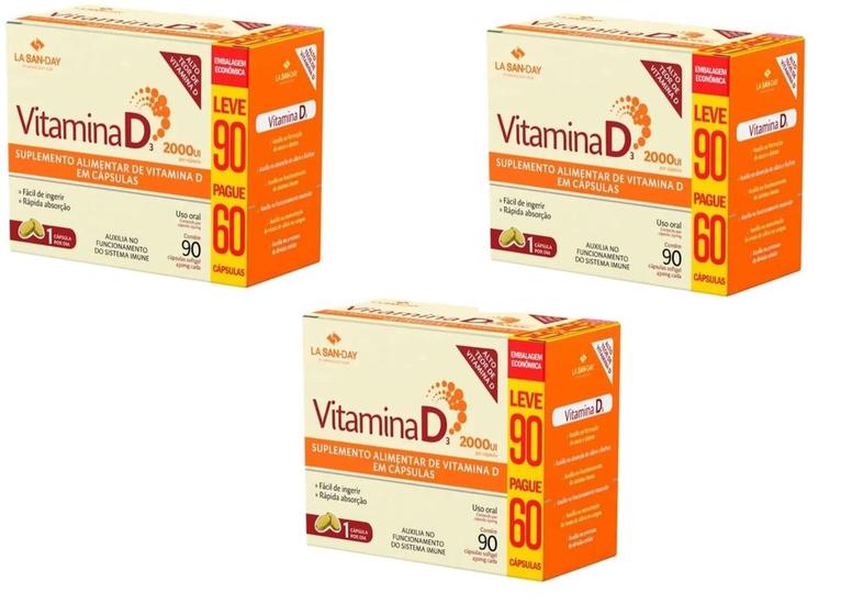 Imagem de Kit 3 Suplemento Vitamina D3 2000UI 90Cps Gel - La San Day