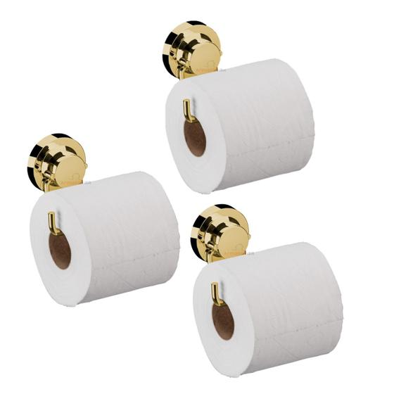 Imagem de Kit 3 Suporte Porta Papel Higiênico Papeleira Parede Com Ventosa Banheiro Dourado - Future