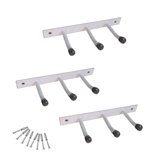 Imagem de Kit 3 Suportes Multiuso de Parede para Vassouras e Rodos - 9 Ganchos Totais - Aço Branco com Pintura Epóxi
