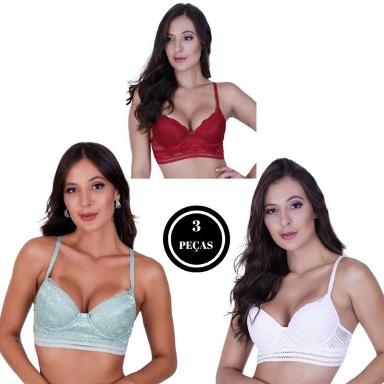 Imagem de Kit 3 Sutiã com Bojo de Renda Com Elástico Anatômico - c3 KIT 3 SUTIÃ JÉSSICA VERDE VERMELHO BRANCO