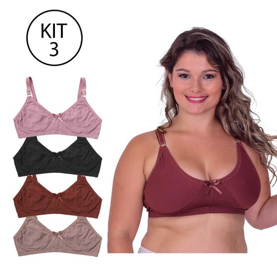 Imagem de Kit 3 Sutiã Plus Size Sem Bojo Microfibra Reforçada e Resistente com Alças Largas
