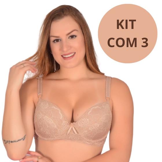 Imagem de Kit 3 Sutiã Soutien Sutian de Renda Plus Size Reforçado Com Regulagem em renda com Bojo Sustentação Alças largas Lingeri