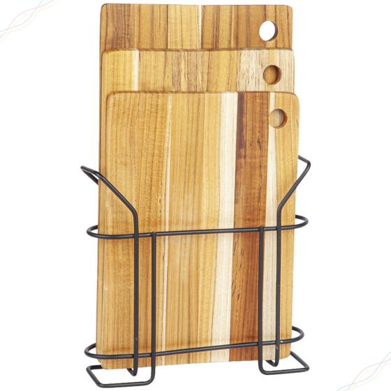 Kit 3 Tabuas de Madeira Teca para Carne Churrasco com Suporte de Metal
