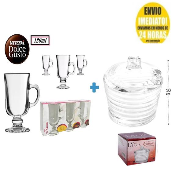 Kit 3 Taças Vidro Xícara Dolce Gusto Café Capuccino 120Ml + Açucareiro de Cristal 10 CM Colmeia-Lyor Menor preço em Kit 3 Taças Vidro Xícara Dolce Gusto Café Capuccino 120Ml + Açucareiro de Cristal 10 CM Colmeia-Lyor