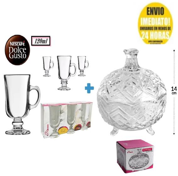 Kit 3 Taças Vidro Xícara Dolce Gusto Café Capuccino 120Ml + Bomboniere de Vidro 14cm Menor preço em Kit 3 Taças Vidro Xícara Dolce Gusto Café Capuccino 120Ml + Bomboniere de Vidro 14cm