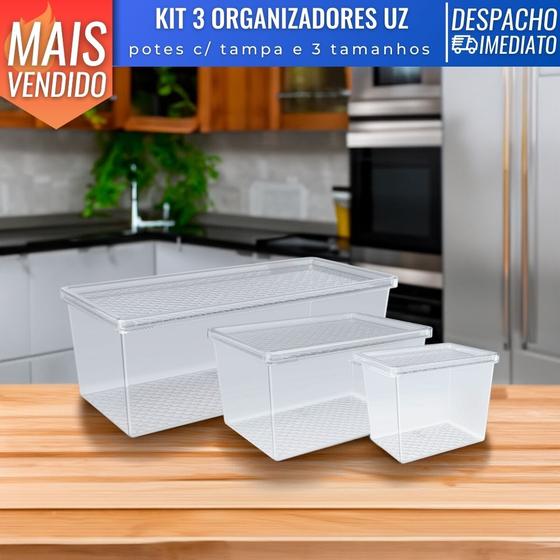 Imagem de Kit 3 Tam Pote Organizador Multiuso M, G , EXG Transparente Plástico Cozinha Geladeira