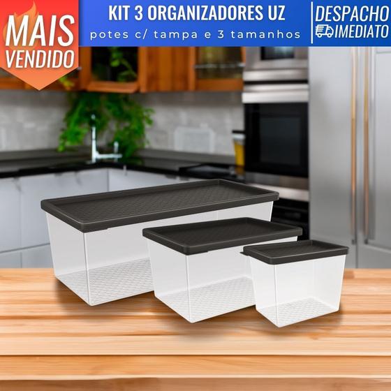 Imagem de Kit 3 Tam Pote Organizador Multiuso M, G , EXG Transparente Plástico Cozinha Geladeira