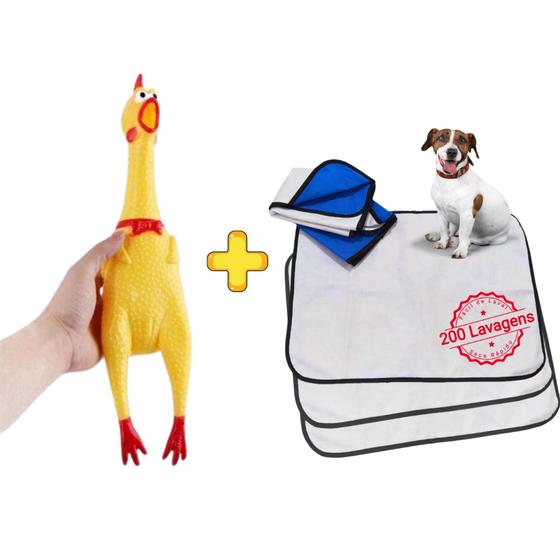 Imagem de Kit 3 Tapetes Higiênicos P/Pets + Brinquedo Pet Frango Barulhento de Morder