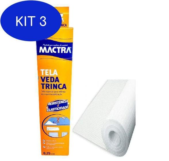 Imagem de Kit 3 Tela Vedatrinca Impermeabilização 25Cm X 5M Mactra