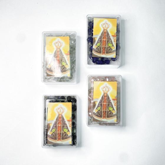 Imagem de kit 3 Terços missanga hexagonal religioso Nossa Senhora Aparecida prata devoção caixinha resistente