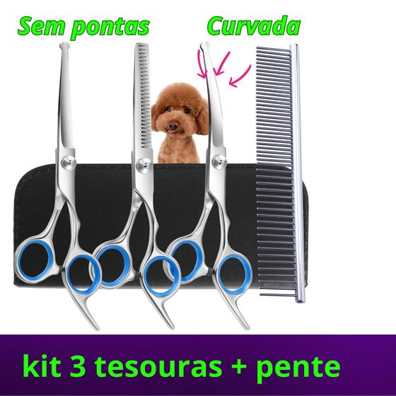 Imagem de Kit 3 Tesouras Profissionais Pet Cães Sem Ponta Curva