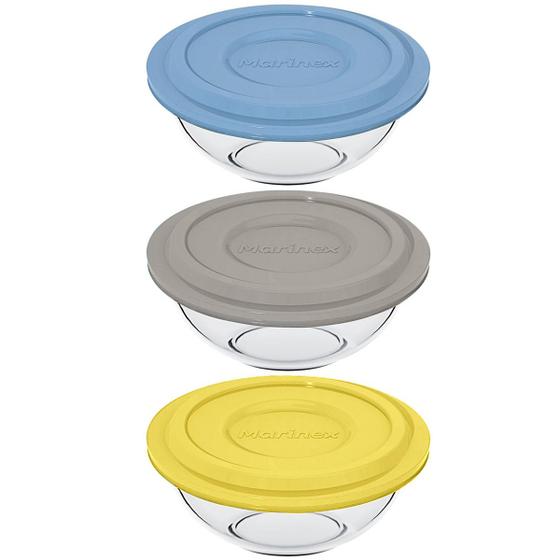 Imagem de Kit 3 Tigelas Redondas De Vidro Com Tampas Plásticas Sortidas Potes De Preparo Marinex