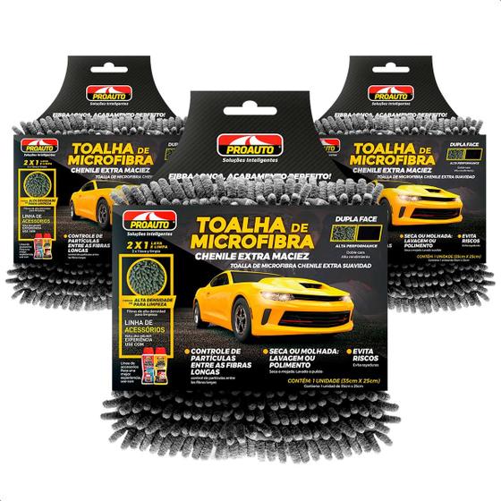 Imagem de Kit 3 Toalhas de Microfibra Chenile Limpeza Automotiva Proauto