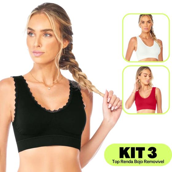 Imagem de Kit 3 - Top Com Bojo Removível Com Detalhes Em Renda Moda Feminina Top Diário