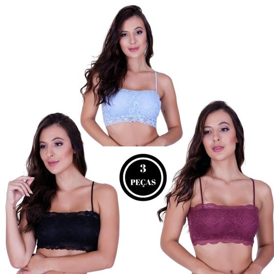 Imagem de Kit 3 Top Faixa de Cropped Renda com Bojo - KIT 3 TOP MELISSA PRETO BORDO AZUL CLARO