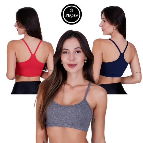 Imagem de Kit 3 Top Fitness Alça Sem Bojo Liso - KIT 3 ANA VERMELHO CINZA MARINHO