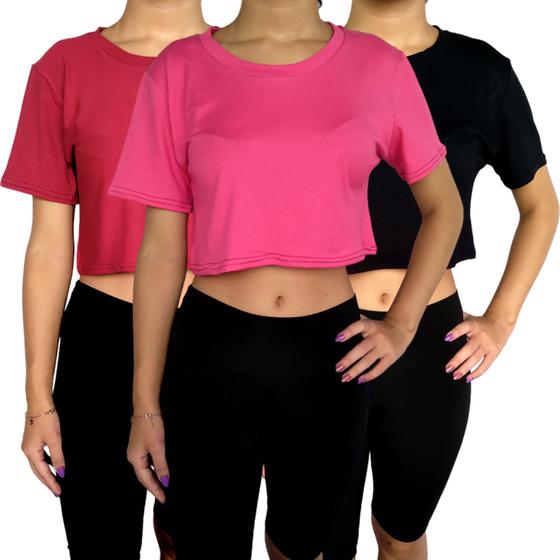 Imagem de Kit 3 Tops Femininos Blusinhas Manga Curta Soltinhos Cores Sortidas Viscolycra Pp ao Plus Size