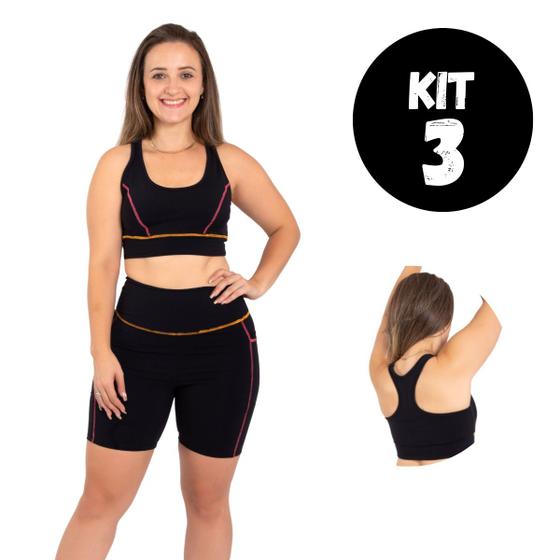 Imagem de Kit 3 Tops Top Para Treino Caminhada Preto C/ Linha Colorida