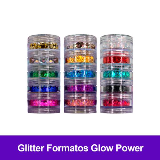 Imagem de Kit 3 Torres 15 Cores Festa Carnaval Coleção Glitter Formatos Glow Power Colormake Vegano Brilho Facial Corporal 5g Cada
